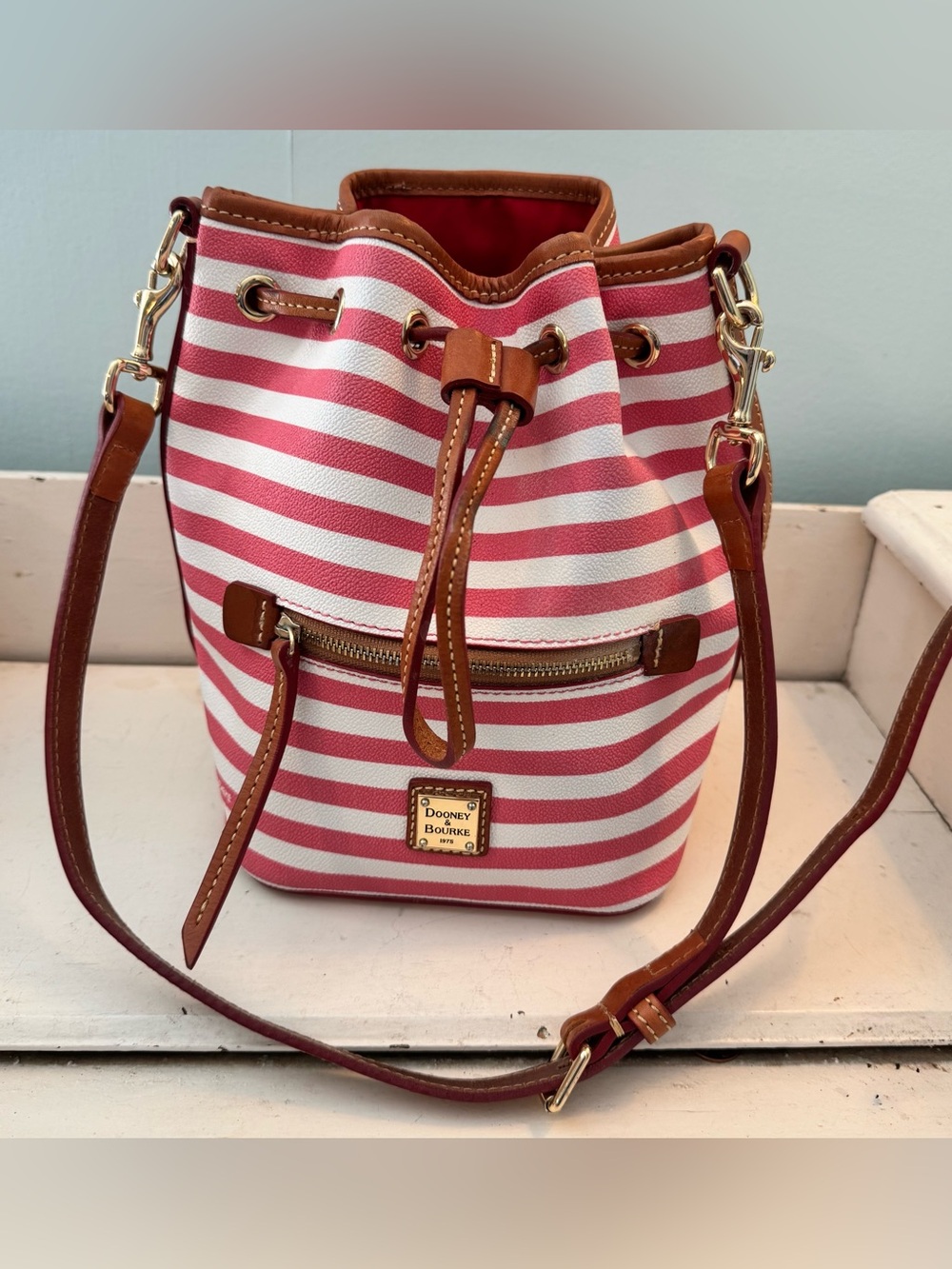 Dooney & Bourke Pink and White Striped Leather-Trim Bucket Crossbody